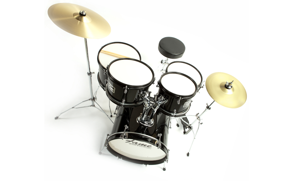 Fame 5-Piece Drum Set Black - Комплект барабанів з аксесуарами, включаючи бас-барабан, томи, малий барабан, стійки та табурет