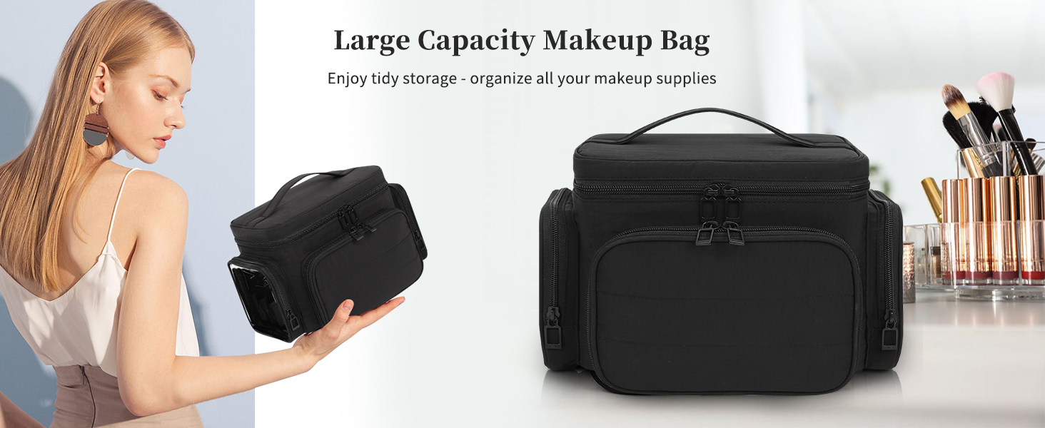 Косметичка для подорожей, велика, чорна: органайзер для макіяжу з відділенням для пензлів, дамська косметичка