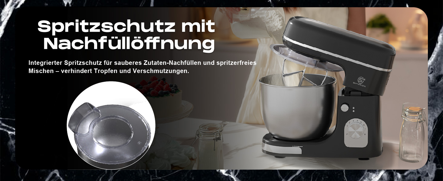 Кухонна машина SUPERLEX 3-в-1: міксер, тістоміс, блендер. 1300W, 5л чаша з нержавіючої сталі, 8 швидкостей, з набором насадок (крюк, вінчик, вінчик для збивання), захист від бризок. Для приготування тіста, випічки та десертів.