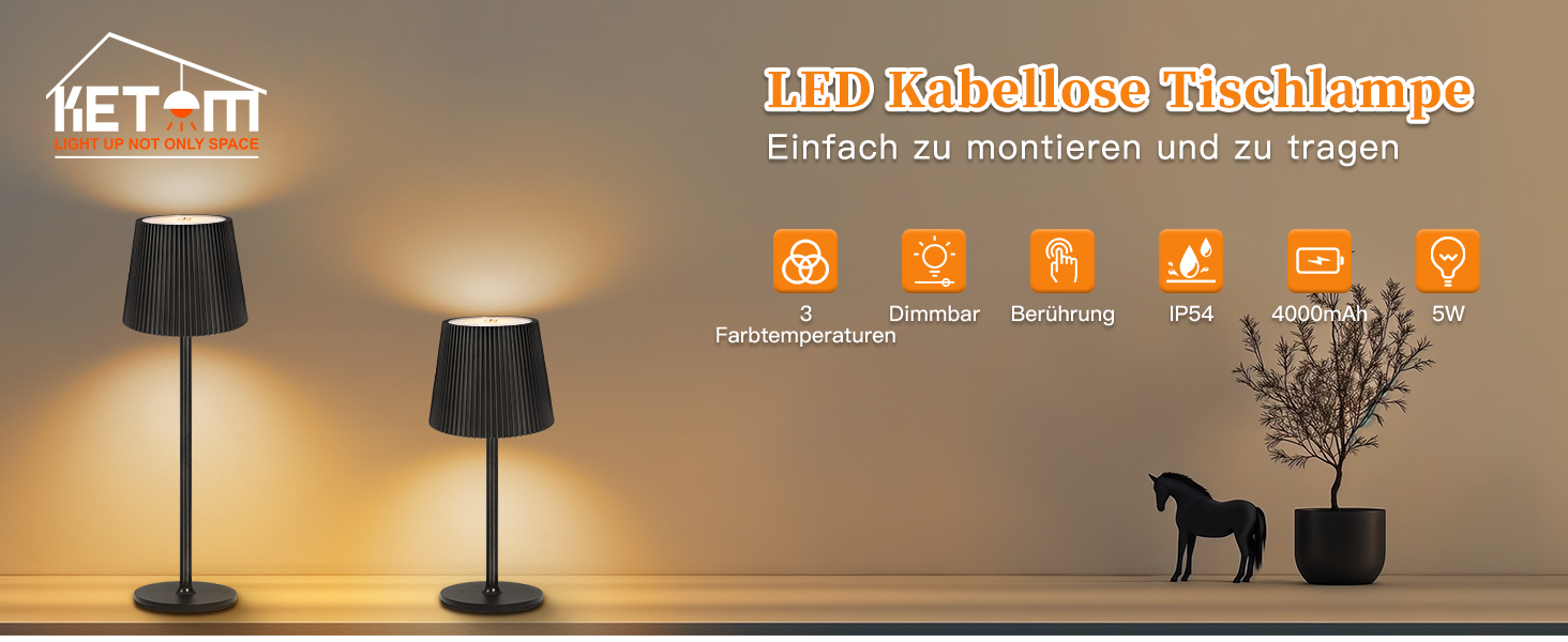 LED-лампа настільна бездротова диммируемая чорна з USB-C, сенсорна лампа з 3 колірними температурами, плавною регулюванням яскравості, регульованою висотою, IP54 вологостійка для внутрішнього/зовнішнього використання, чорна (нова версія)