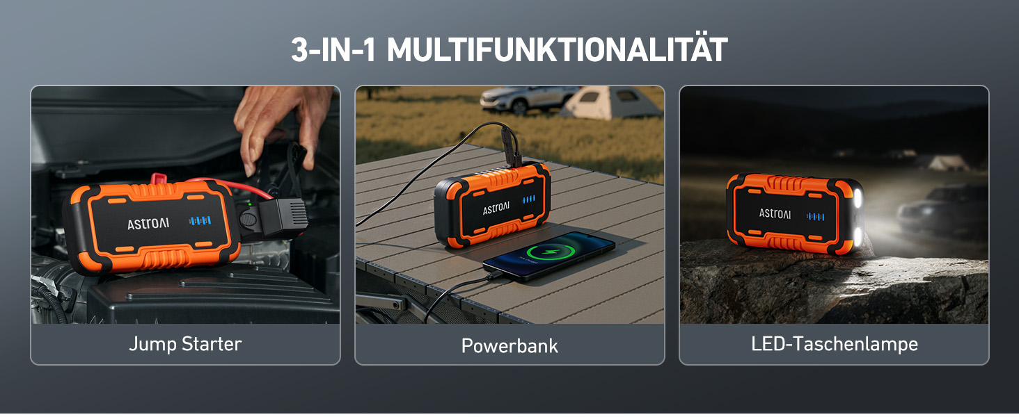 Powerbank AstroAI P10 для авто: пусковий пристрій, 10L бензин/8L дизель, 12V, LED, Orange