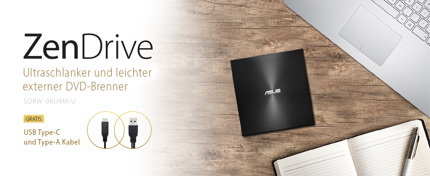 Зовнішній DVD-записувач Asus ZenDrive U9M з інтерфейсом USB-C та USB-A, чорний