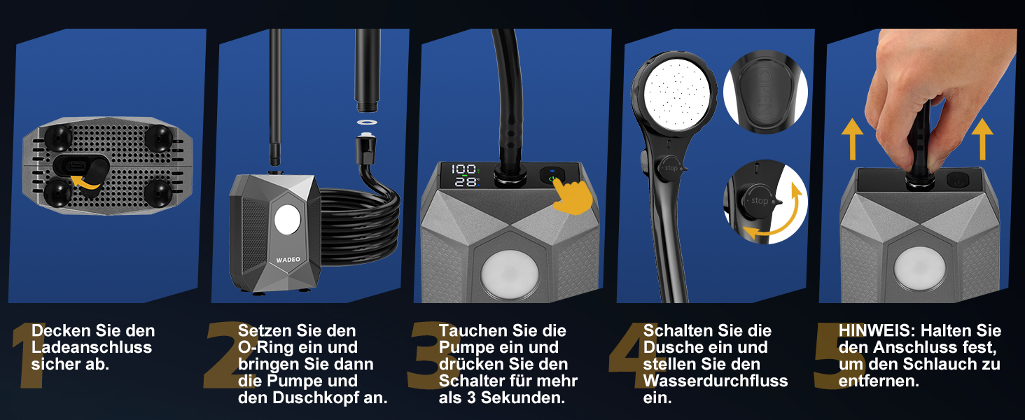 Портативна душова система WADEO для кемпінгу з акумулятором 6000 mAh, LED-підсвічуванням та IPX8 водонепроникністю, 5 режимів тиску. Комплект для відпочинку на природі, подорожей та догляду за тваринами.