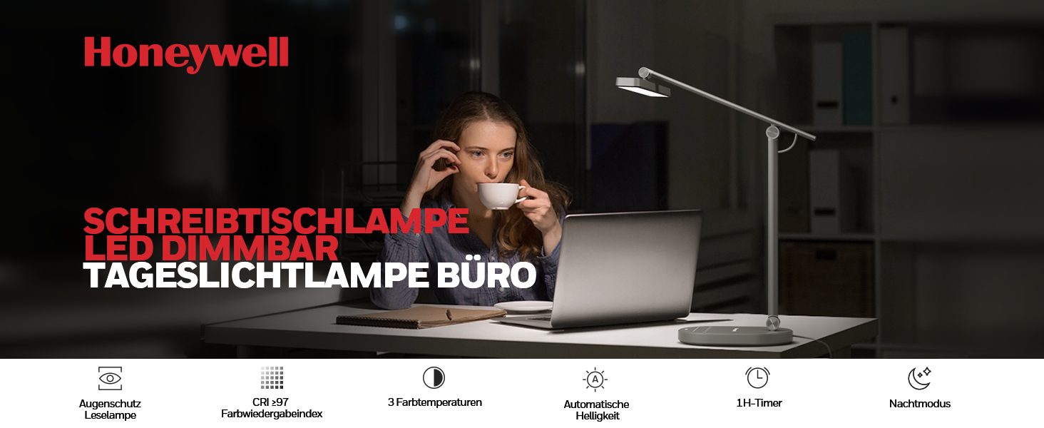 Настільна LED лампа Honeywell H4 Sunturalux - Офісна лампа з димером, 3 режими світла, сенсорне управління, сіра