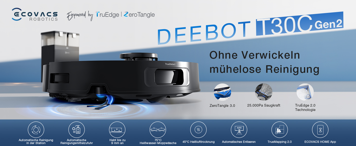 Робот-пилосос ECOVACS DEEBOT T30S PRO з функцією миття, 11000 Па, технологія ZeroTangle, миття гарячою водою 70°C, TruEdge™ для миття країв, акумулятор 6400 мАг, уникнення перешкод за допомогою AI (T30C OMNI Gen2 S)
