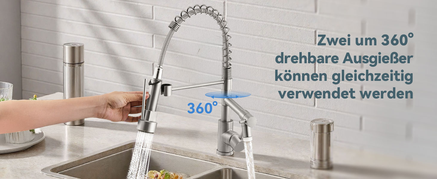 Сучасна кухонна змішувач Warmiehomy з LED-підсвічуванням, поворотний на 360°, з двома виливами, високий вигин, спіральна пружина, для мийки, з нержавіючої сталі, брашований нікель