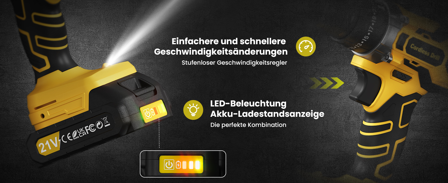 Акумуляторний дриль-шуруповерт 21V з 2 акумуляторами 2000mAh, 45Nm, 25+3 ступені крутного моменту, 10мм патрон, 27 предметів + кейс для домашніх DIY проектів