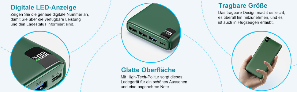 Power Bank Riapow 26800mAh: Швидка зарядка USB-C, 4 порти, LED-дисплей, для смартфонів та планшетів (зелений)