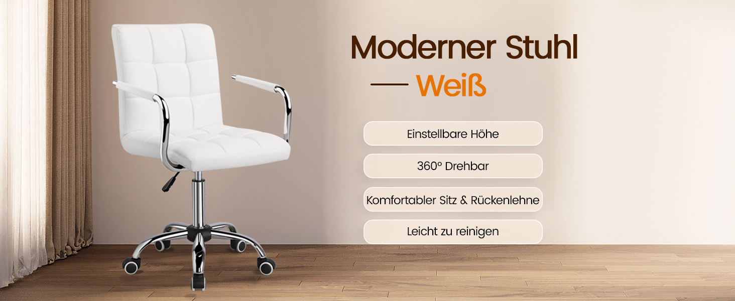 Офісне крісло Yaheetech з регулюванням висоти та знімними підлокітниками, штучна шкіра, білий колір