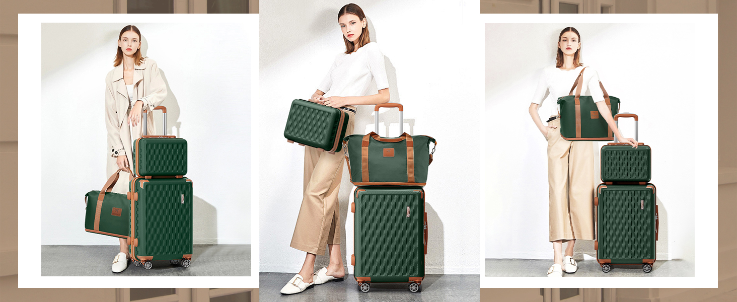 Набір валіз Melalenia 7 предметів з жорстким корпусом, легкий, на 4 колесах з TSA-замком. Включає косметичку, сумку для подорожей та кулькову сумку (зелений, 53см, набір ручної поклажі 4 предмети)