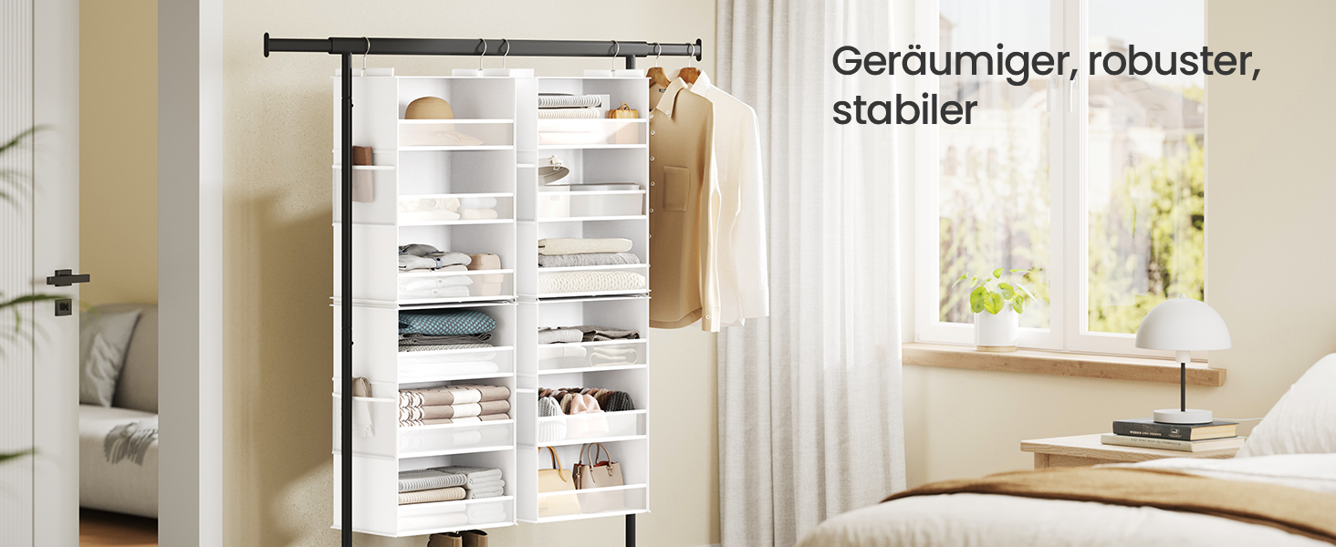 Органайзер для шафи SONGMICS, роздільник полиць, навісна полиця, розкладний органайзер, металеві гачки та бамбукові вставки, білий (RCH007W01)