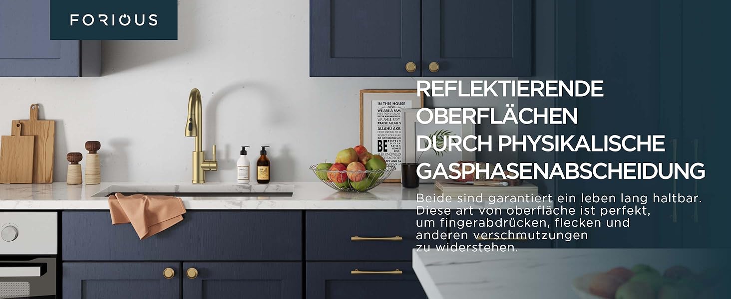 Кран кухонний FORIOUS з висувною лійкою, 360° обертання, 2 режими, шліфоване золото