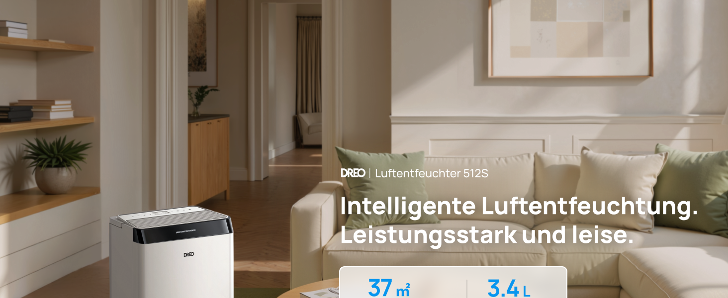 Dreo Розумний осушувач повітря /24h, для приміщень 37 м² – енергоефективний та тихий – керування через App & Alexa – 3 режими, таймер, регульована вологість, з відводом води, для спальні та ванної кімнати, білий (20L, чорний)
