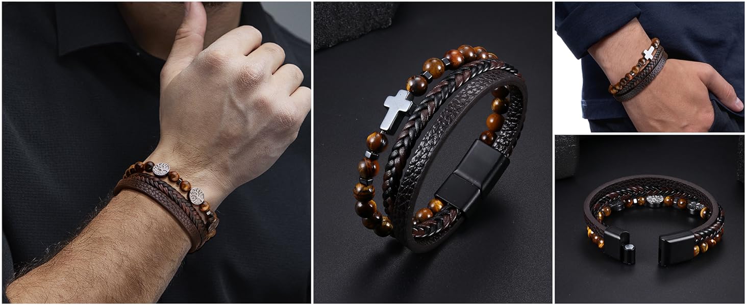 Чоловічий браслет Dochais: нержавіюча сталь, шкіряний ремінець, хрест Ісуса Христа, плетіння з натурального каменю, магнітна застібка, чорний, 21 см