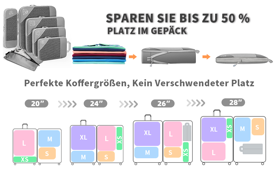 Органайзер для валізи Grau, набір 6 шт. (Compression Packing Cubes), для подорожей, рюкзака, ручної поклажі сірого кольору