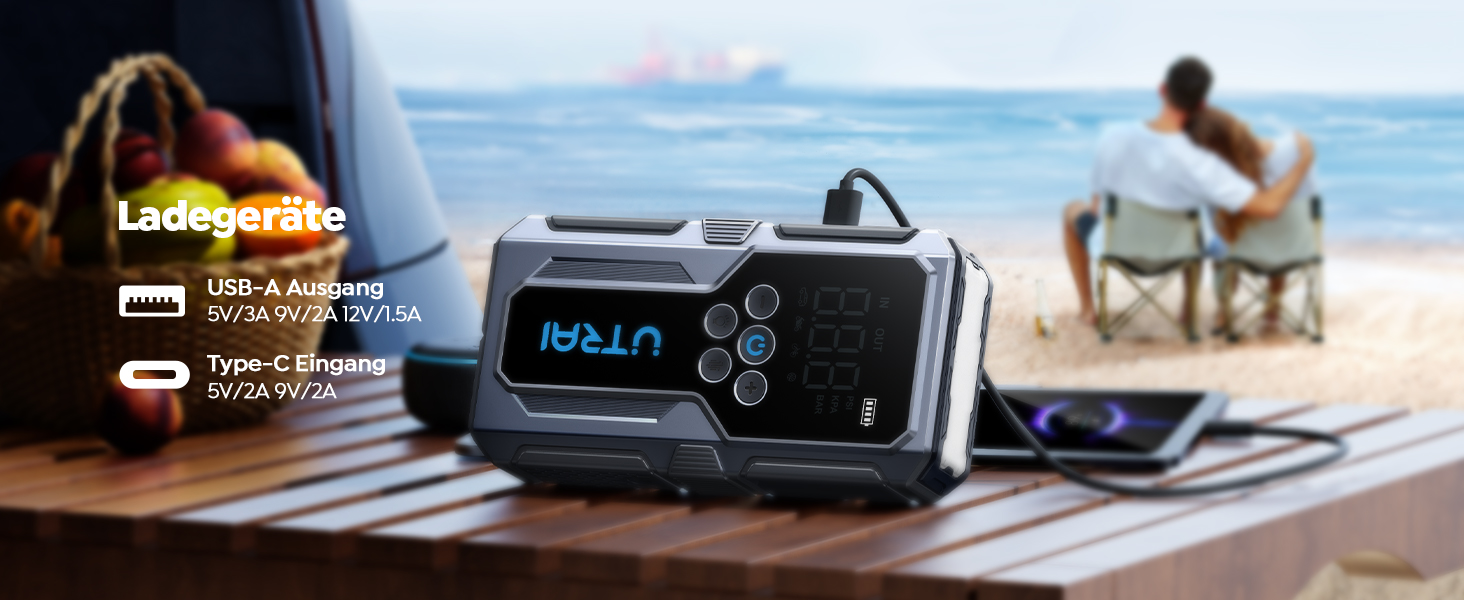 Powerbank Starthilfe UTRAI для автомобіля: 4500A, компресор 150PSI, швидка зарядка 18W, ліхтар, запуск двигуна до 8.5L бензину/6.5L дизеля
