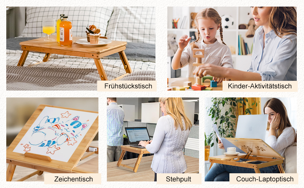 Столик для ноутбука COSTWAY з бамбука, регульований по висоті та куту нахилу, з вентиляцією, з ящиком, складний, для роботи та відпочинку, 53 x 33 x 20-26,5 см (натуральний бамбук)