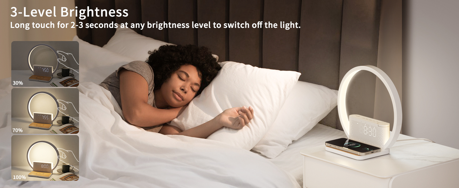Нічна лампа RETEYUNG з бездротовою зарядкою 10W, 2 будильники, денний світловий будильник, 10 заспокійливих звуків, сенсорне регулювання яскравості (3 рівні), стиль арт-деко