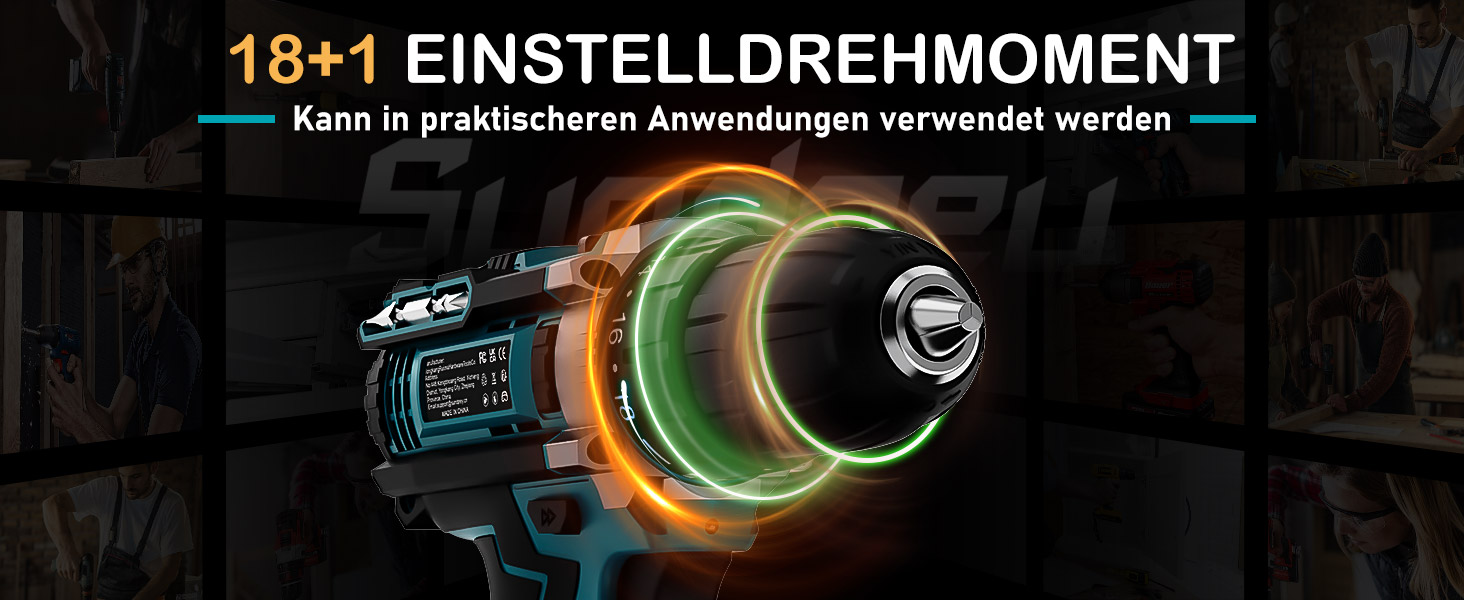 Акумуляторний шуруповерт Sundpey 21V з 2x2000mAh акумулятором, 45 Нм, 2 швидкості, 18+1 момент, патрон 10мм, набір 19шт для дому та DIY, блакитний