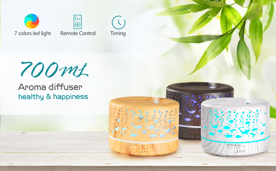 Аромадифузор Hianjoo 700мл з таймером, ультразвуковий, LED, 7 кольорів, для офісу, йоги, спа, спальні - світле дерево