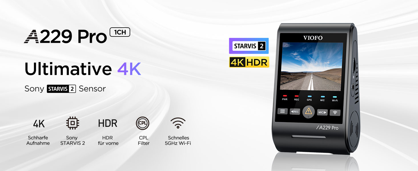 Відеореєстратор VIOFO A229 Pro 4K STARVIS 2, HDR з GPS, Wi-Fi 5GHz, CPL-фільтром та нічним баченням 2.0
