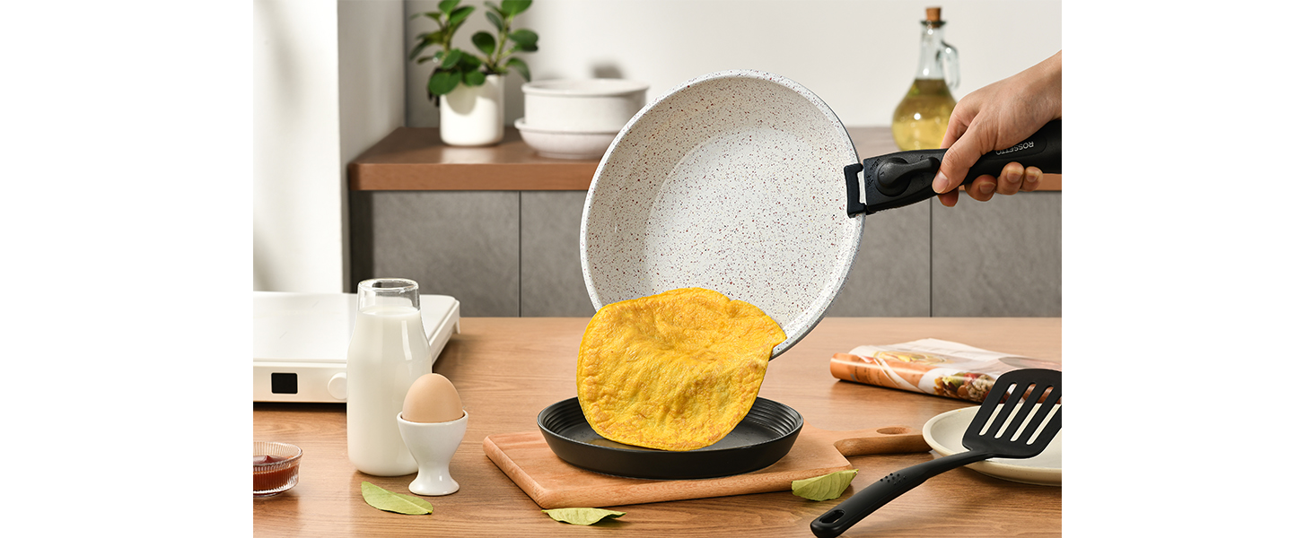 Набір посуду ROSSETTO 23 предмета з знімними ручками та керамічним антипригарним покриттям, складається для зберігання. Включає: каструлі, сковорідки, сотейники, казани. Без PFOA та PFOS.