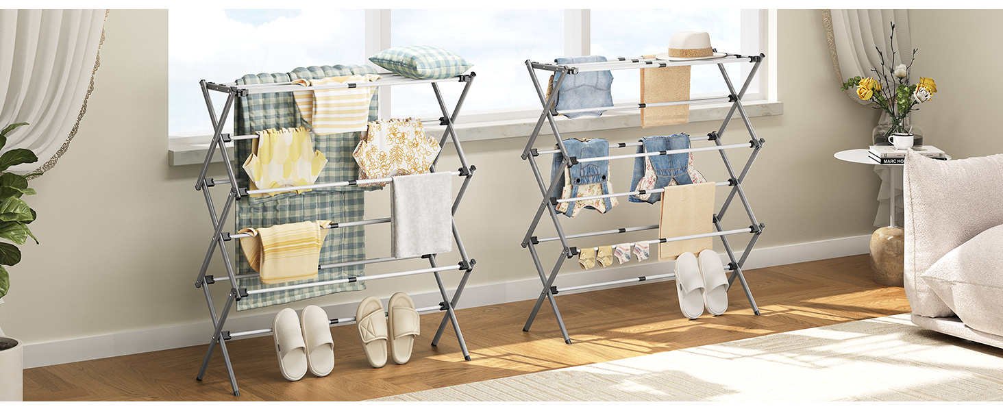 Складаний сушильник для білизни з 11 перекладинами, 3-ярусний, сірий та білий