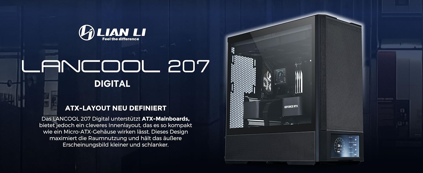 Ігровий корпус для ПК Lian Li LANCOOL 207 Digital ATX Midi Tower, чорний, з LCD-дисплеєм, підтримка відеокарт до 375 мм та радіаторів до 360 мм
