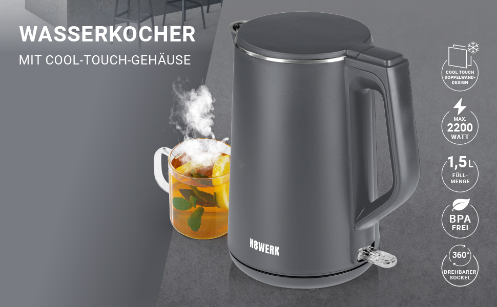 Електричний чайник з подвійними стінками Nordic Grey, 1.5 л, бездротовий, 2200 Вт, 360° обертання