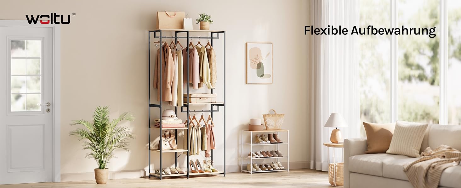 Вільна вішалка для одягу WOLTU з полицею, для спальні/коридору, стабільна, з дерева та металу, білий + світлий дуб (чорний + світлий дуб)