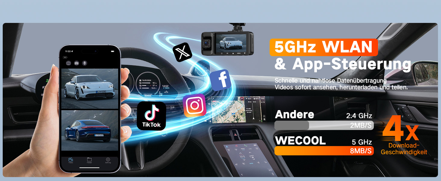 Автомобільний відеореєстратор Wecool 3-канальний 4K+1080P+1080P (передній, задній, салон), кут огляду 470°, 5GHz WiFi, 64GB SD-карта, нічна зйомка, G-сенсор, циклічний запис, 24Гд паркування, Frosted Black