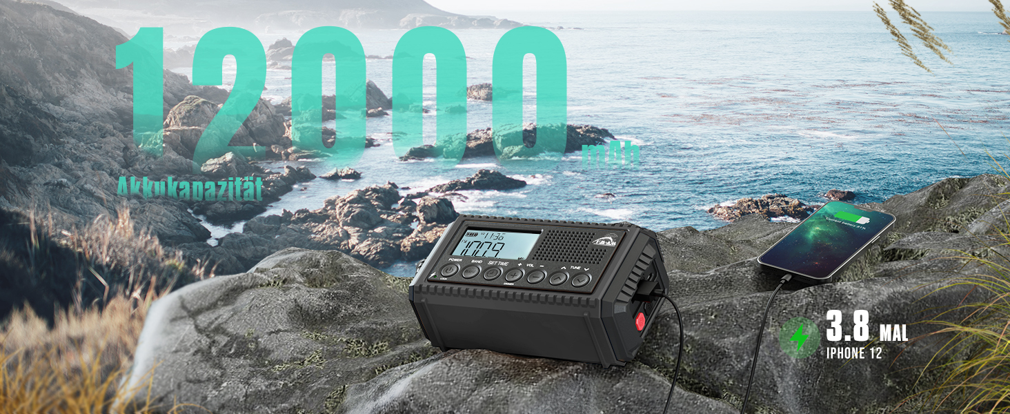 Радіо на механічній ручці з сонячною панеллю та Powerbank 12000mAh | FM/AM/SW радіо для екстрених ситуацій, зарядка USB-C, SOS-сигнал, ліхтарик та лампа для читання | Водонепроникне, портативне радіо для кемпінгу, туризму, чорне