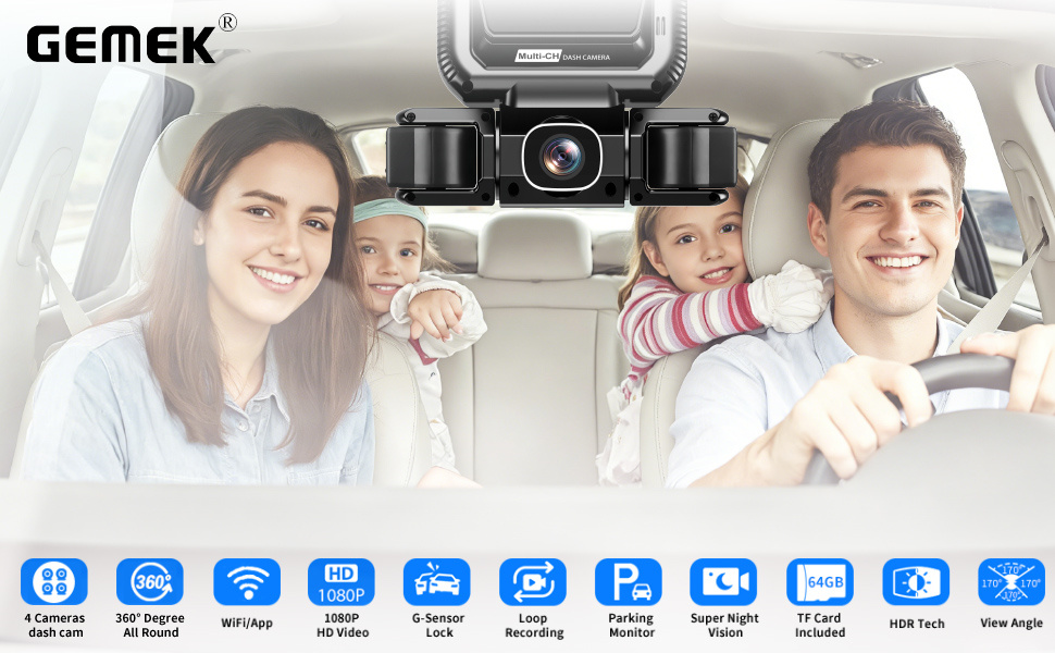 Автомобільний відеореєстратор GEMEK 4K/2K 360° огляду, 4-канальна Dashcam (передня, задня, ліва та права камери), 5G Wi-Fi, керування через додаток, G-сенсор, нічна зйомка, 3.16