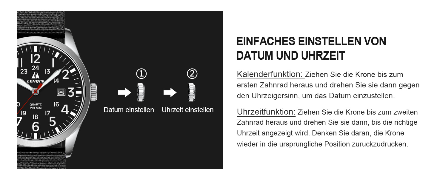 Чоловічий годинник LN LENQIN: аналоговий кварцовий годинник з нейлоновим ремінцем, 30M водостійкість, з датою (чорний, срібний, чорний)