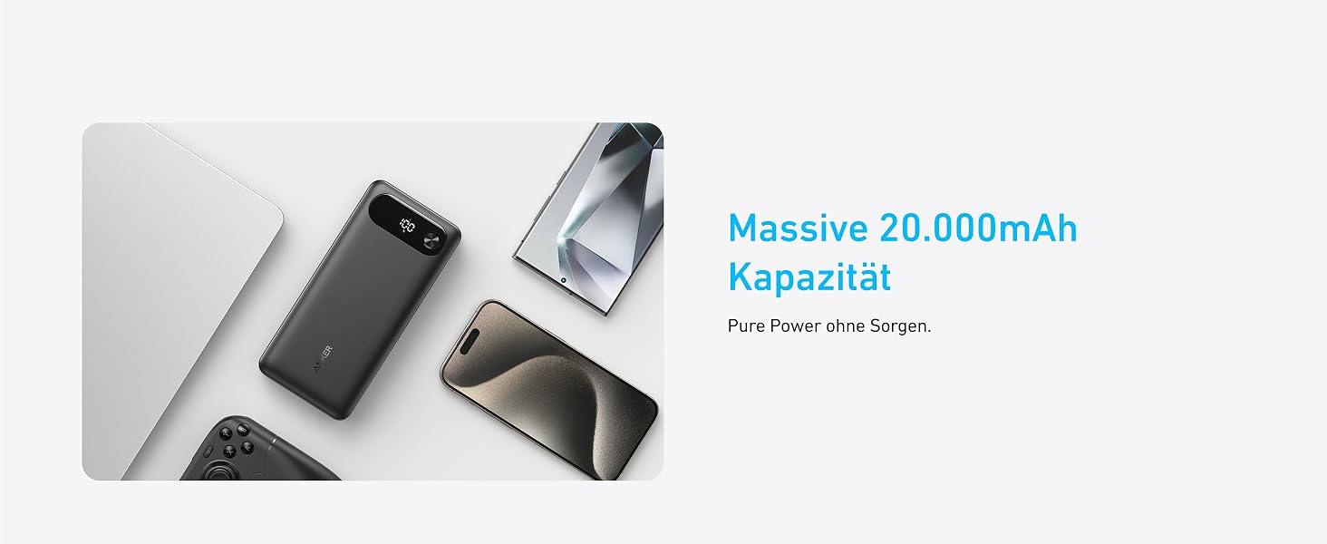 Powerbank Anker 20000mAh з вбудованим USB-C кабелем, 87W, 1 USB-C та 1 USB-A, для MacBook, iPhone, Samsung, Switch та інших пристроїв (Чорний)