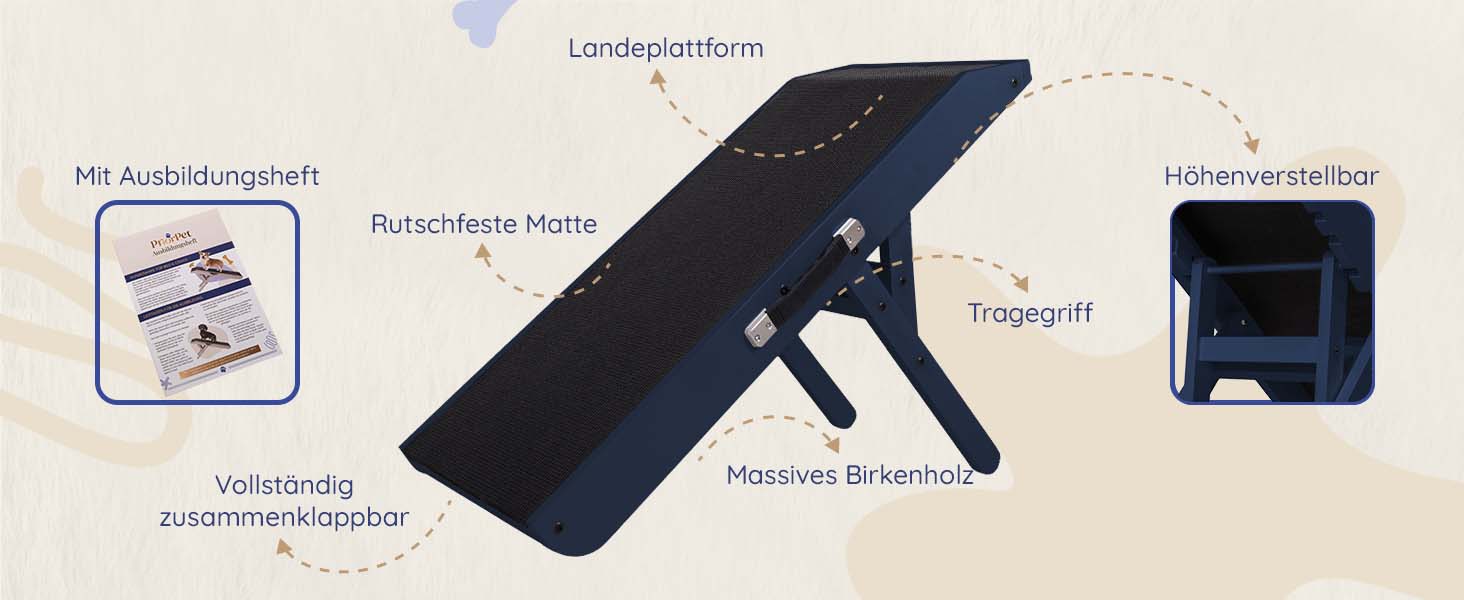 Рампа для собак Hunderampe - регульована, 18-53 см, для ліжка/дивану, з берези, антиковзаюча, чорна (темно-синя)