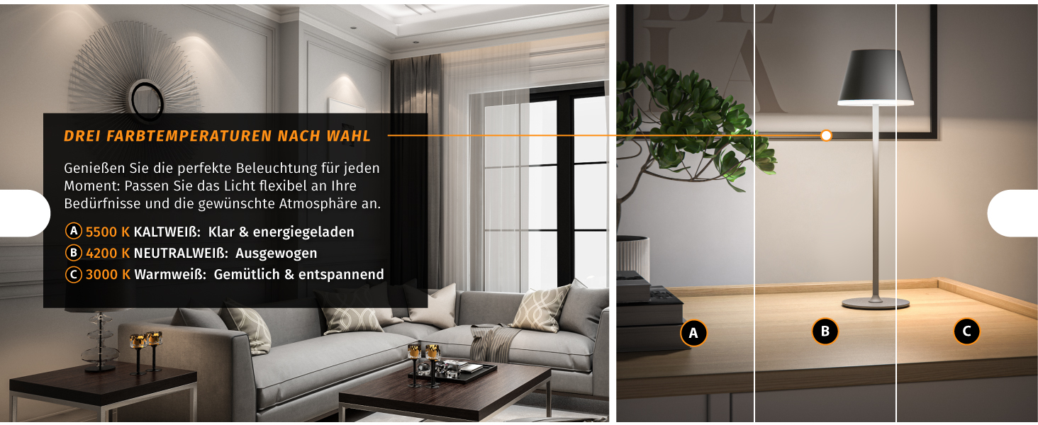 LED настільна лампа CSL з акумулятором - бездротова, сенсорна, димування, 3 кольори світла, метал, великий акумулятор, для дому та вулиці, колір антрацит