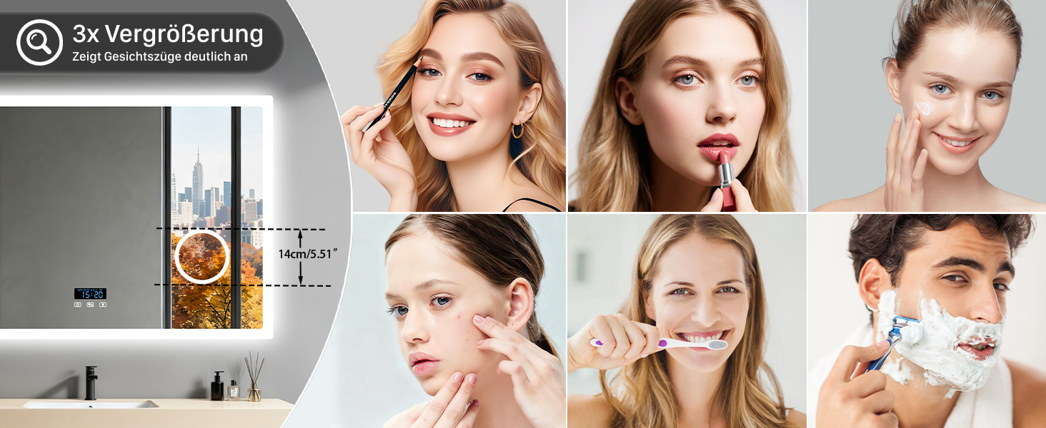 Дзеркало для ванної кімнати LUVODI з підсвічуванням 100x70 см: годинник, температура, дата, проти запотівання, регулювання яскравості, 3 кольори світла, функція пам'яті, LED, водонепроникність, збільшення 3x, Bluetooth