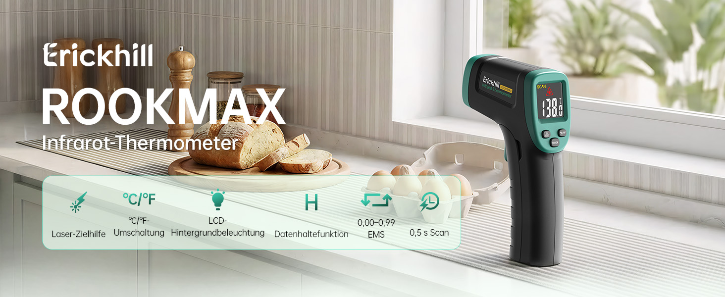 Інфрачервоний термометр ERICKHILL -50℃~800℃: безконтактний лазерний вимірювач температури з LCD-дисплеєм, регульована емісійність. Підходить для приготування їжі, грилю, заморожування, промисловості.