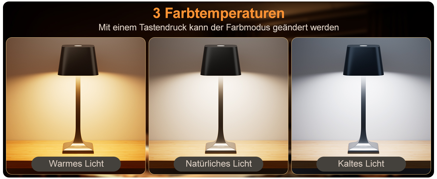 LED настільна лампа бездротова диммируемая торканням - 3 колірні температури, 5200mAh акумулятор, зарядка USB-C, водонепроникність IP54, алюміній, для дому та вулиці, нічник, настільна лампа для їдальні, робочий стіл (чорний)