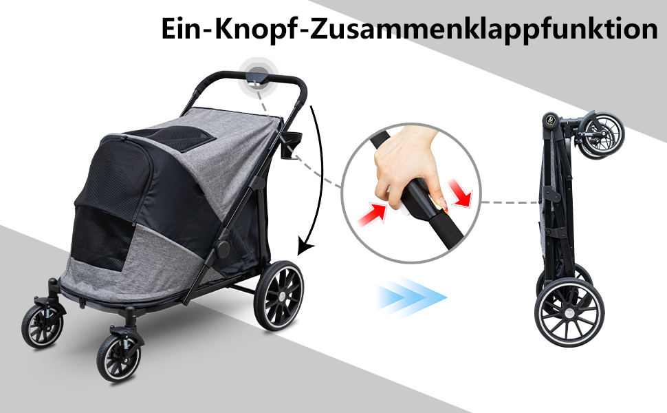 Візок для собак з одним клавішею, складаний, до 50 кг, сірий. Підходить для великих собак та котів, 100 x 48 x 96 см