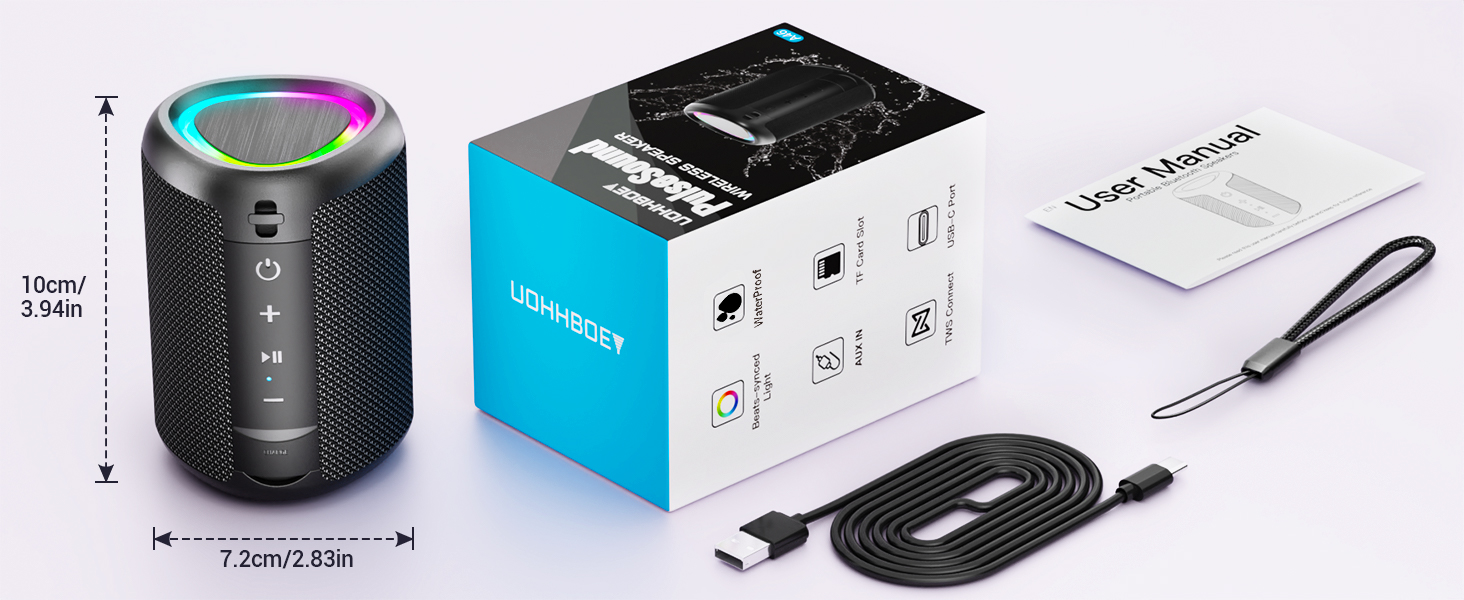 Портативна Bluetooth колонка UOHHBOE з RGB підсвічуванням, 15W, TWS, водонепроникна IPX5, AUX, TF картка, 15 годин роботи