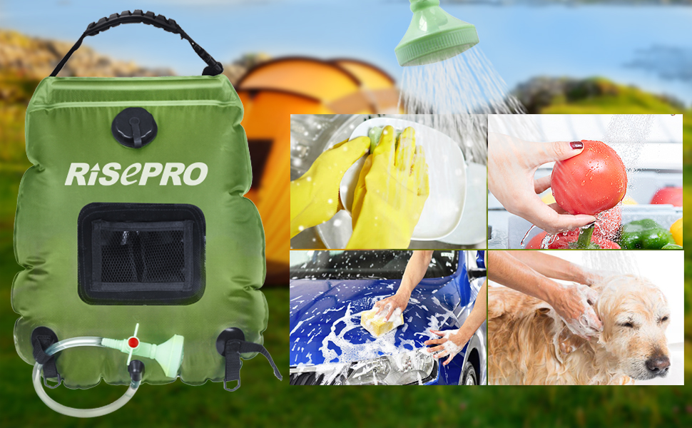Соняшний душ RISEPRO 20л: портативна сонячна водогрілка для кемпінгу, подорожей, відпочинку на природі. Макс. температура 45°C, знімний шланг та душова насадка.