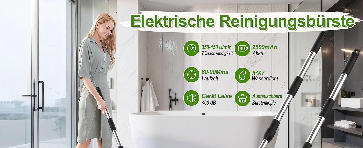 Електрична щітка для прибирання з 7 насадок, водонепроникна IPX7, регульована ручка, для ванної, кухні, підлоги, авто (білий/зелений)