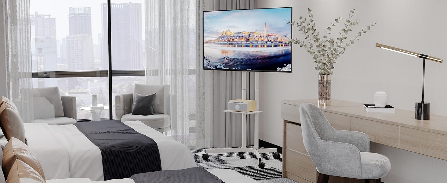 Підставка для телевізора BONTEC на колесах, регульована по висоті, для LCD, LED, OLED, Plasma, Flat & Curved телевізорів 32-85 дюймів, до 60 кг, VESA 600x400 мм (біла)