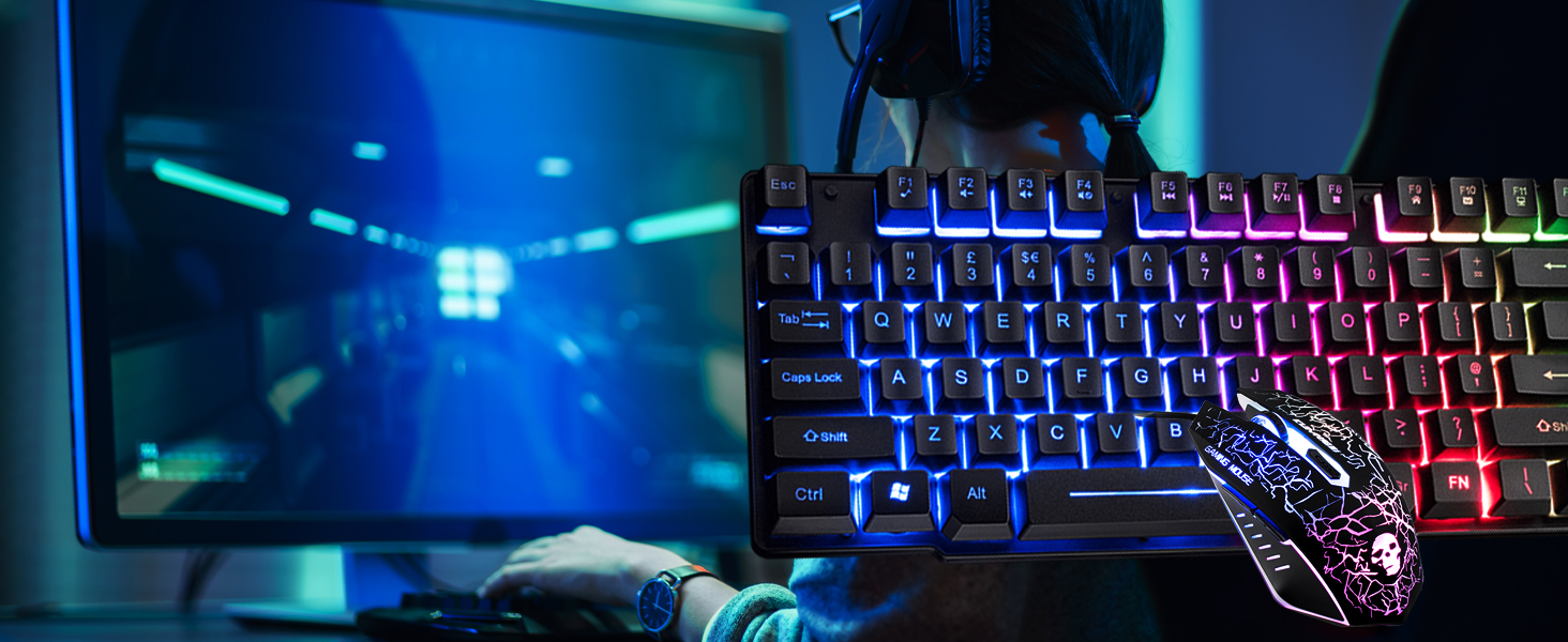 Ігровий набір клавіатури, навушників та миші: клавіатура 104 клавіші з підсвічуванням Rainbow, миша 2400DPI, навушники 7.1 Surround Sound RGB, мишка під клавіатуру, сумісний з PS4, Xbox (потрібен адаптер), білий/чорний