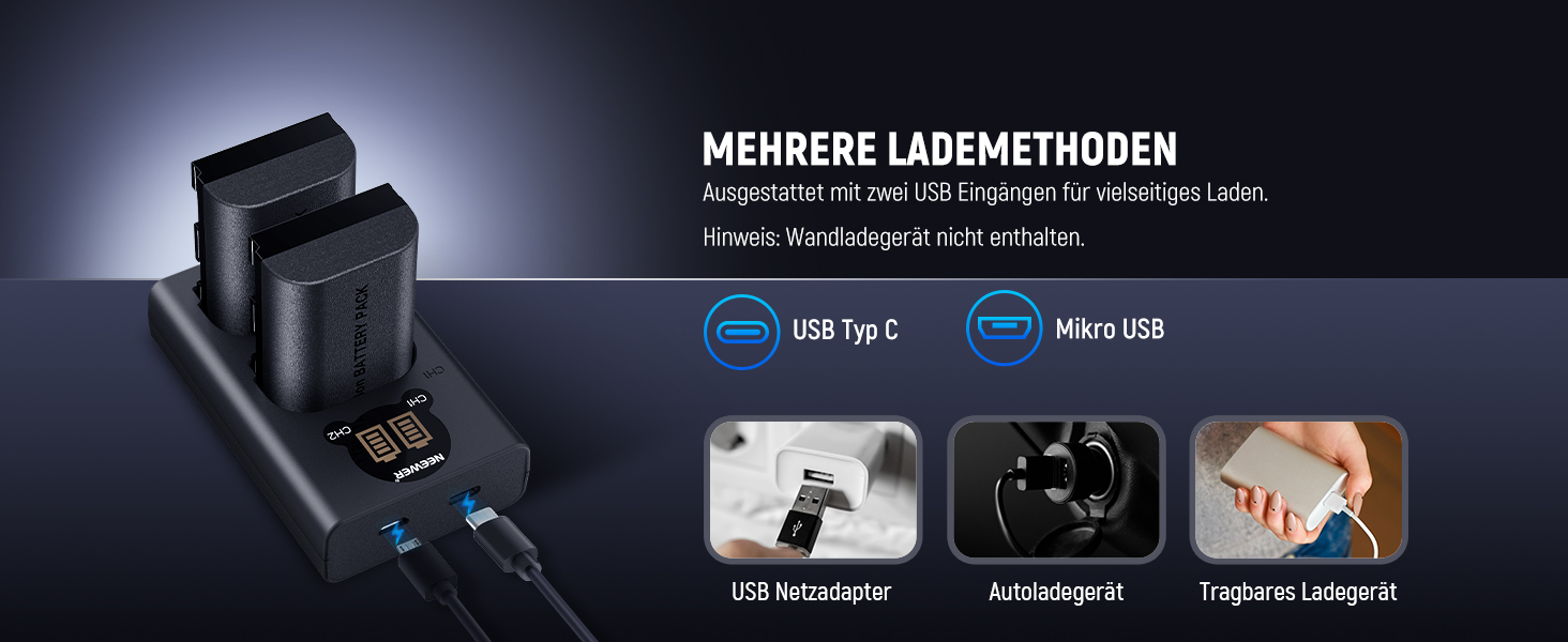 NEEWER Запасний акумулятор LP-E6NH та зарядний пристрій USB, комплект 3 шт. 2250mAh, сумісний з Canon EOS R7, R5, R6, R6 II, R, 5DIV, 6DII, 7DII, 80D, 90D