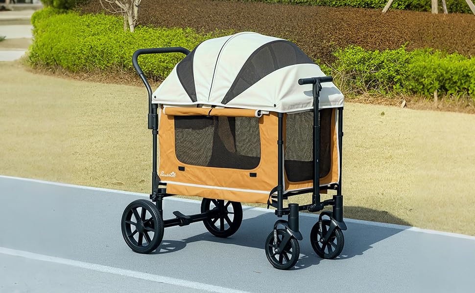 PawHut 2-в-1 візок для собак та котів, розкладний, до 30 кг, з подушкою, сітковими віконцями, 2 дверима, кишенькою для зберігання, коричневий