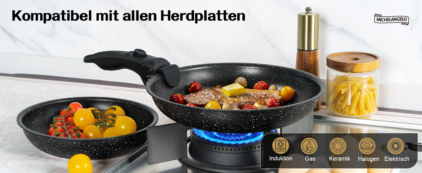 Набір сковорідок Michelangelo 4 шт. (20/24/28 см) знімний ручка, для індукції, антипригарне покриття мармур, до 240°C, чорний