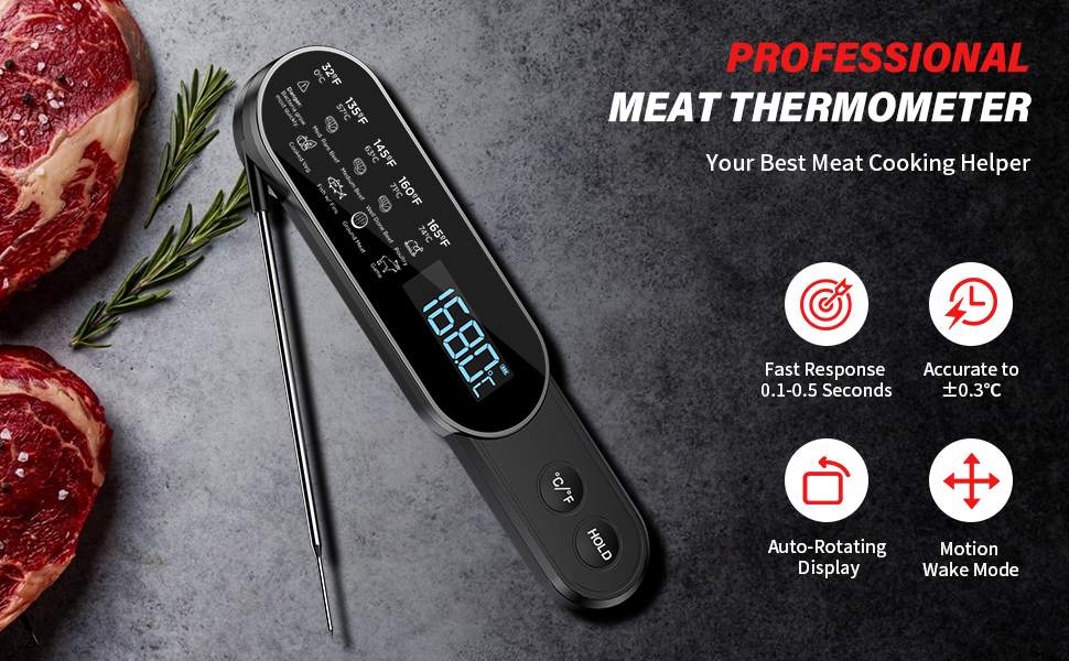 Бездротовий термометр для м'яса з миттєвим зчитуванням, ±0.3°C, IP67, для приготування на грилі, барбекю, кухні. Термометр для м'яса з LCD екраном